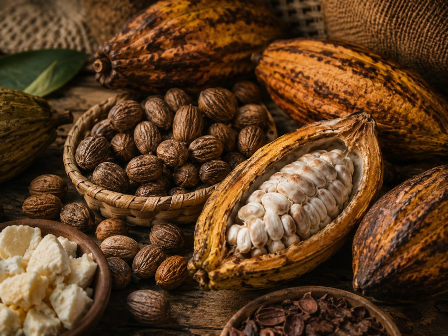 Cocoa pods and shea, close detail