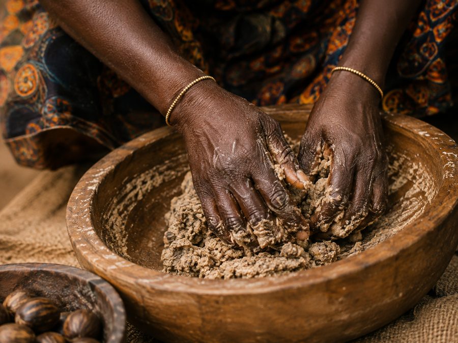 Hands working shea by hand
